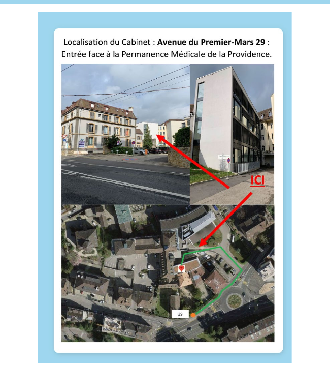 Plan illustré de l’entrée du centre Clear Minds, Avenue du Premier-Mars 29 à Neuchâtel